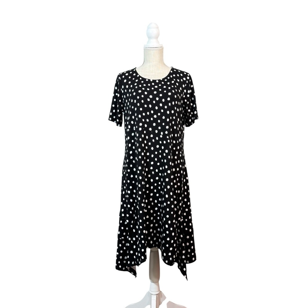 Lisa Bayne Asymmetrical Jersey Dress Sz MD Petite Black Polkadot Artsy Lagenlook